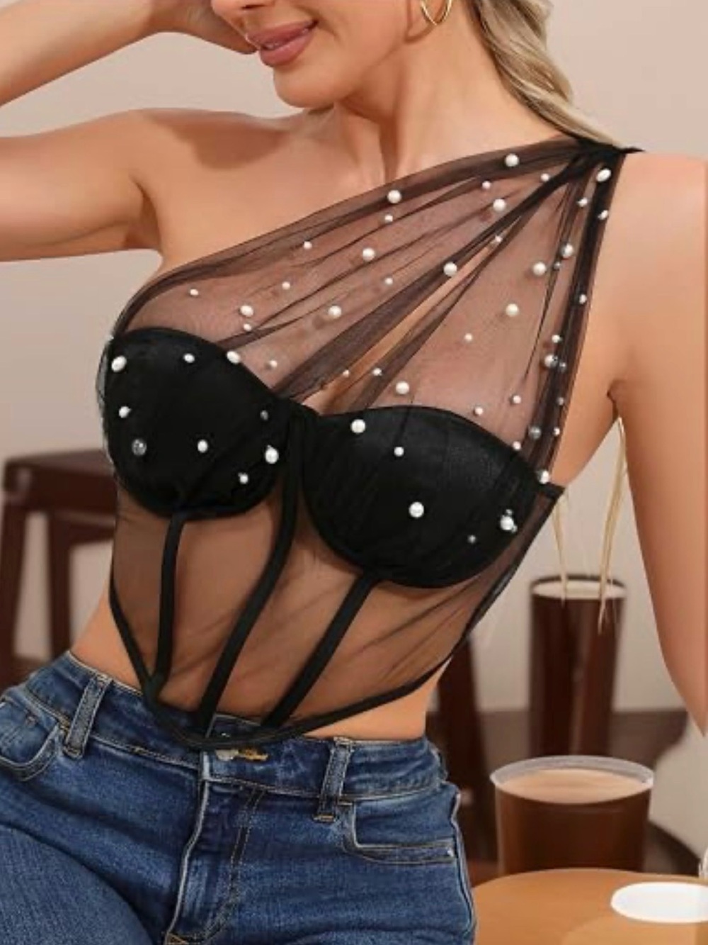 Sheer One-Shoulder Pearl-Accent Black Bodysuit Top